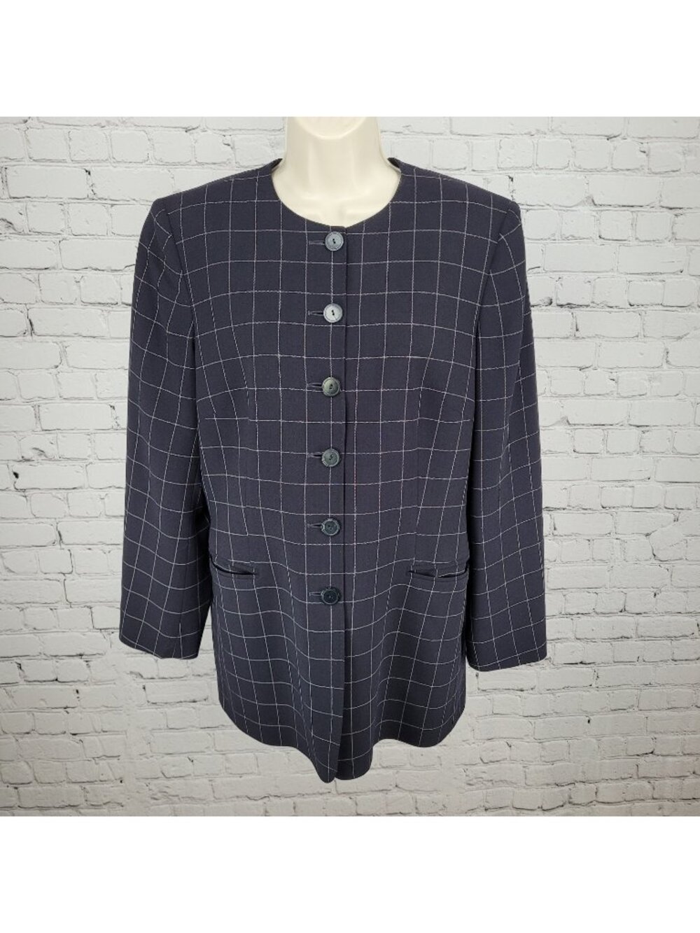 Jaeger Black Pure New Wool Windowpane Buttoned Collarless Suit Jacket Size 12